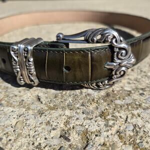 Brighton Croc Embossed Dark Green Leather Belt Silver Tone Buckle Size M